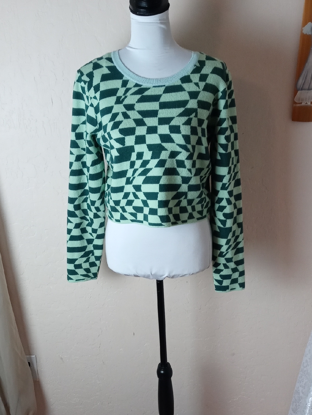RSQ Mint & Forest Green Geometric Crop Sweater